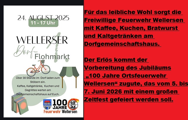 Dorfflohmarkt Wellersen DER Erlös von Essen & Trinken für die Feuerwehr um 26=100 Jahre zu feiern - Foto 1