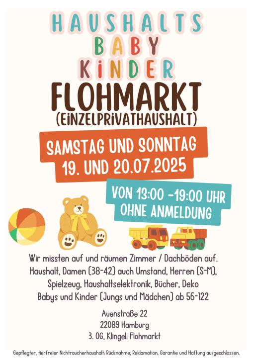 Privat Flohmarkt 19.-20.07.25 Baby, Kinder, Damen/Herren, Haushalt, Deko, Bücher, Elektronik - Foto 1